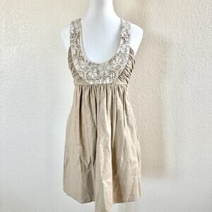 Molly New York Size 2 Gold & Beige Crocheted Empire Waist Mini Dress W/ Pockets